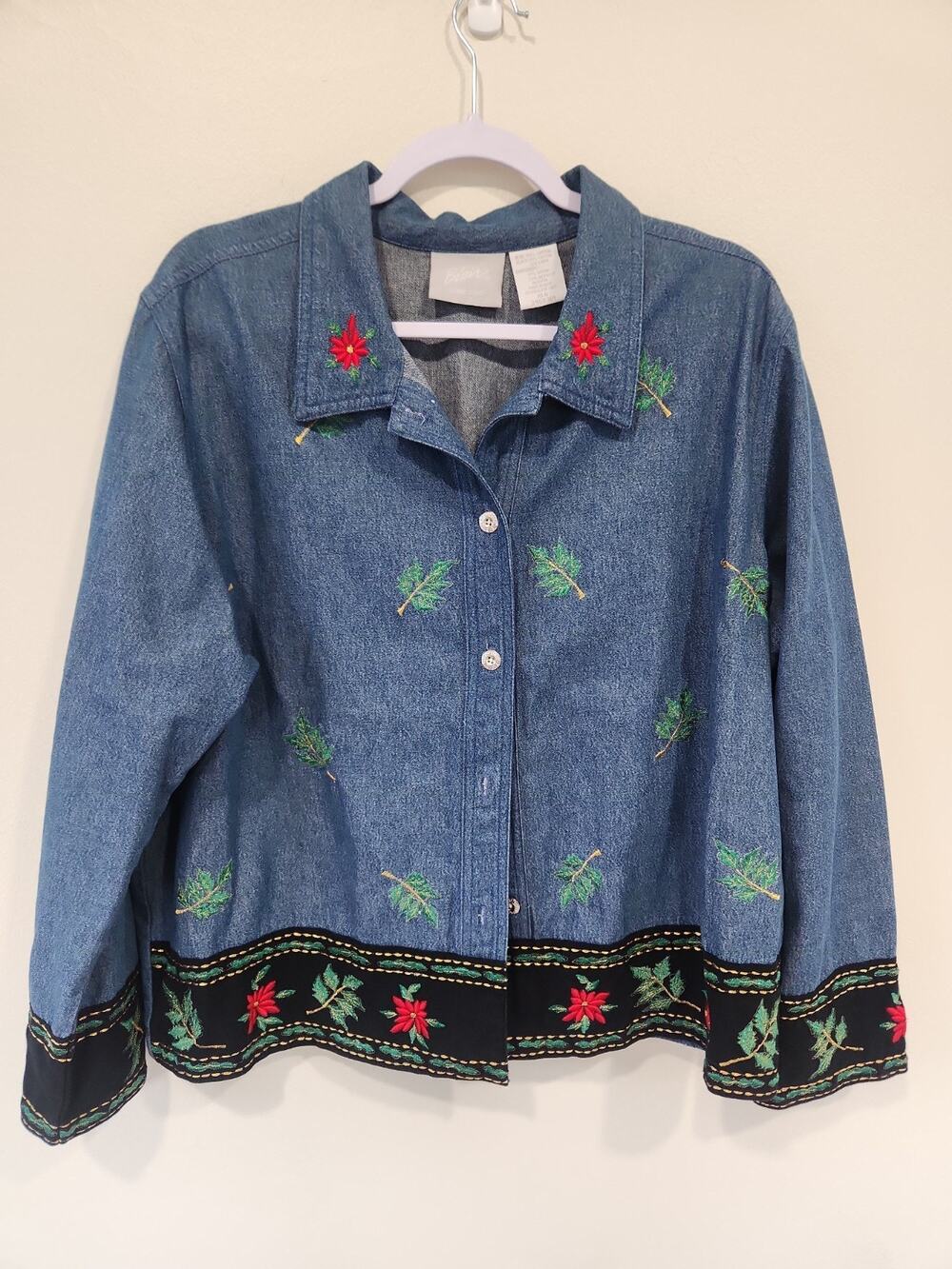 Blair Denim Shirt Womens XL Embroidered Christmas Holiday Button Down READ